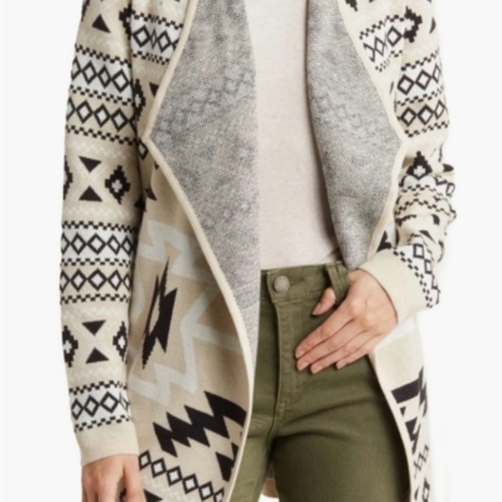 Lucky Brand Open Front Aztec Cardigan Tan Black Cozy Knit Winter NEW large